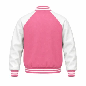 Men's pink wool and white leather retro varsity jacket, back view