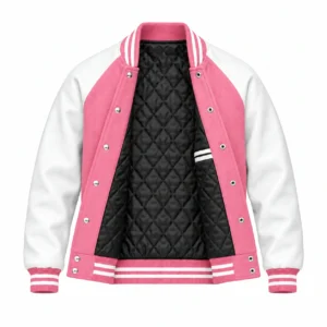 Men's pink wool and white leather retro varsity jacket, open view showing black quilted lining and left interior pocket