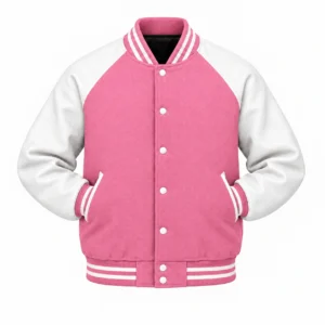 Men's pink wool and white leather retro varsity jacket, sleeves tucked into front pockets