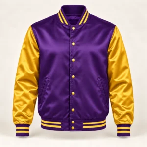 Men’s Purple & Gold Satin Varsity Jacket — front view
