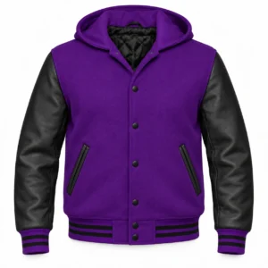 Men's Purple Wool / Black Leather Hooded Varsity Jacket — front view