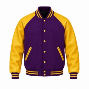 Men's purple wool and gold leather retro varsity jacket, front view