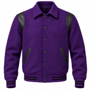 Men's Purple Wool Retro Varsity Jacket – Black Leather Accents - front view
