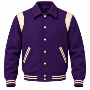 Men's Purple Wool Retro Varsity Jacket – Natural Cream Leather Accents - front view
