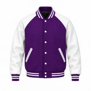 Men's purple wool and white leather retro varsity jacket, front view