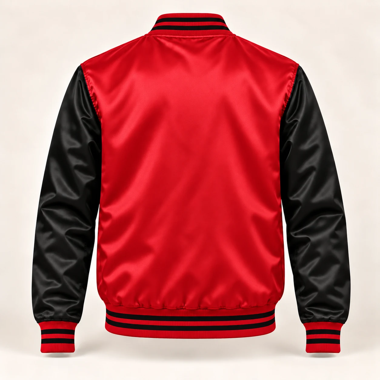 Men’s Red & Black Satin Varsity Jacket — back view