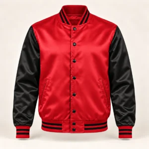 Men’s Red & Black Satin Varsity Jacket — front view