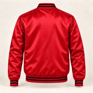 Men’s Red Satin Varsity Jacket – Black Stripe Trim — back view
