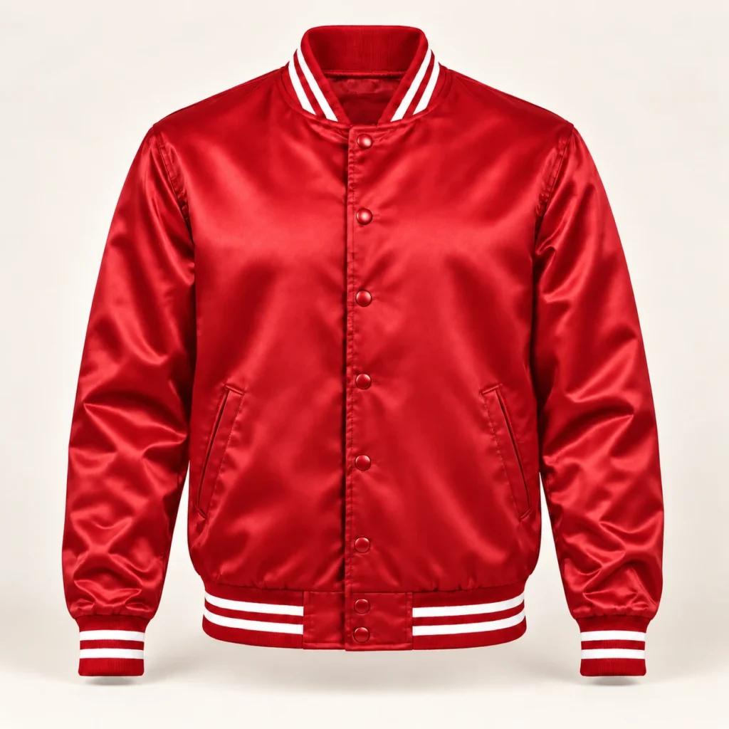 Red satin varsity jacket with white striped trim, front view