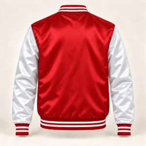 Men’s Red & White Satin Varsity Jacket — back view