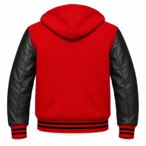 Men's Red Wool / Black Leather Hooded Varsity Jacket — back view