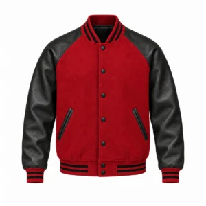 Men's red wool and black leather retro varsity jacket, front view