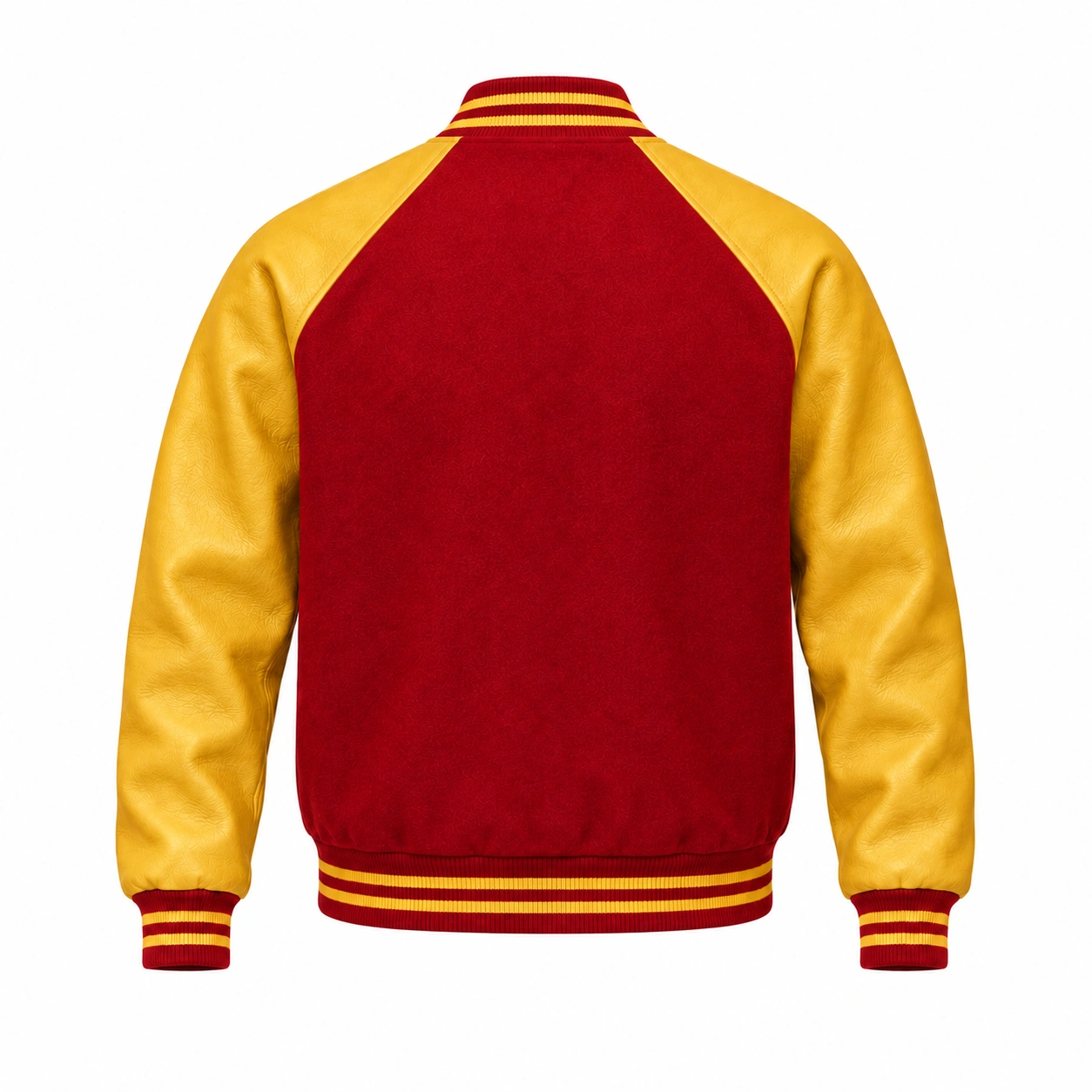 Men's red wool and gold leather retro varsity jacket, back view