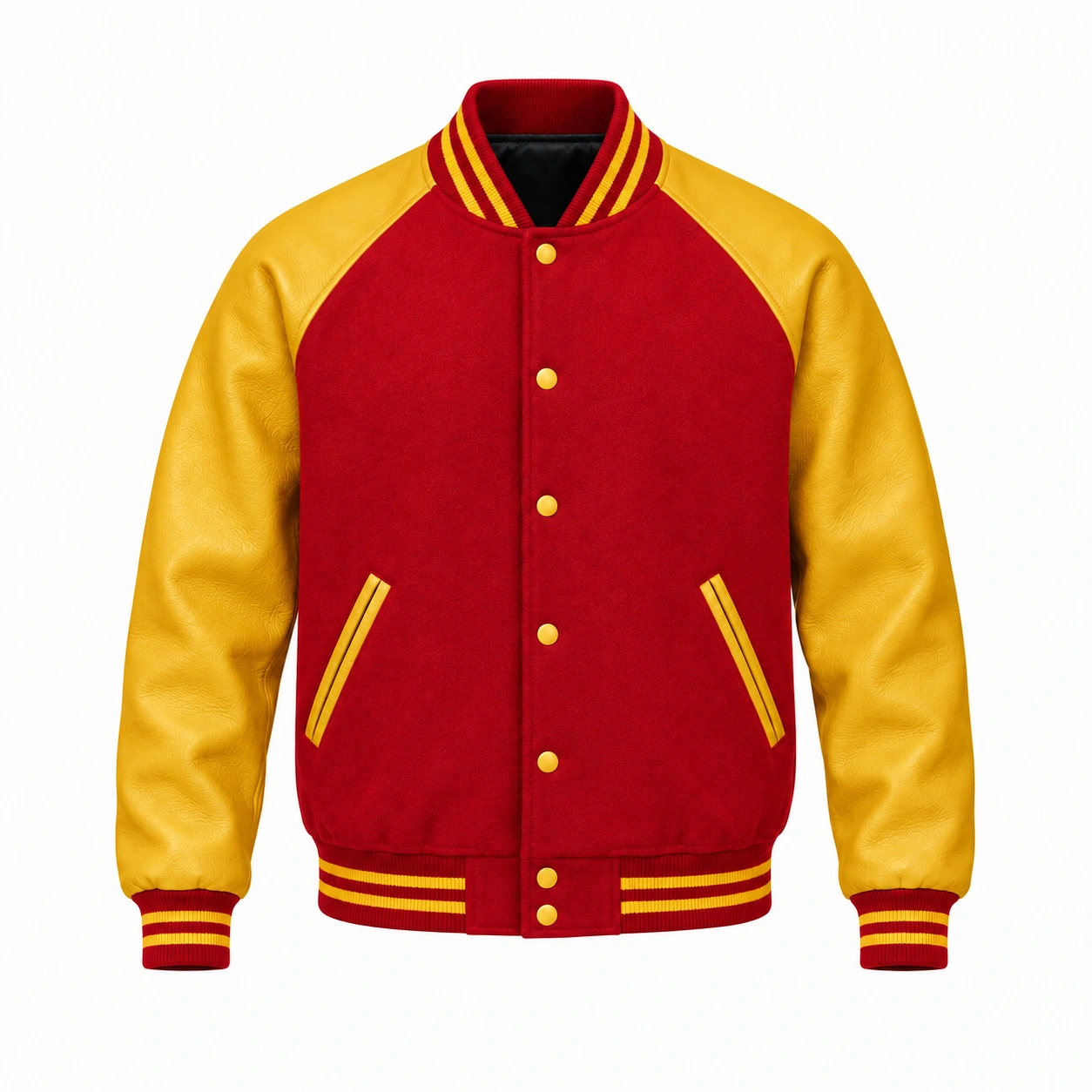 Men's red wool and gold leather retro varsity jacket, front view