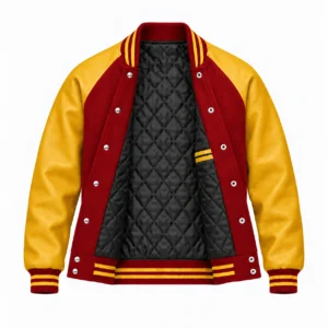 Men's red wool and gold leather retro varsity jacket, open view showing black quilted lining and left interior pocket