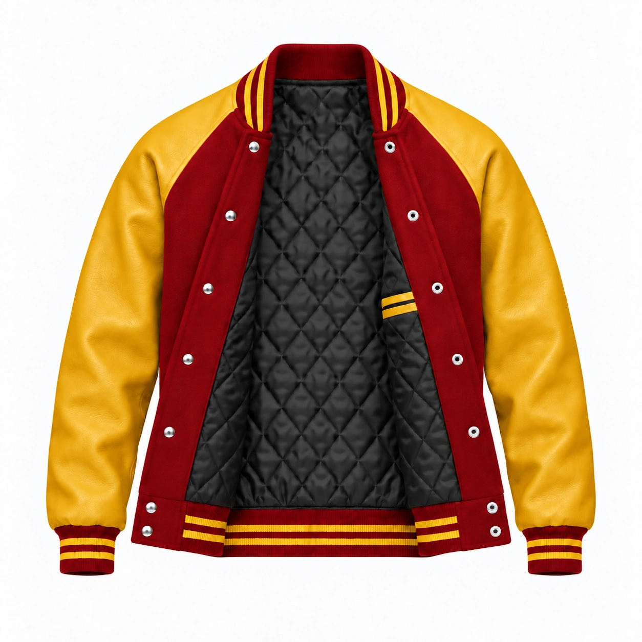 Men's red wool and gold leather retro varsity jacket, open view showing black quilted lining and left interior pocket