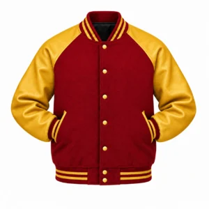 Men's red wool and gold leather retro varsity jacket, sleeves tucked into front pockets