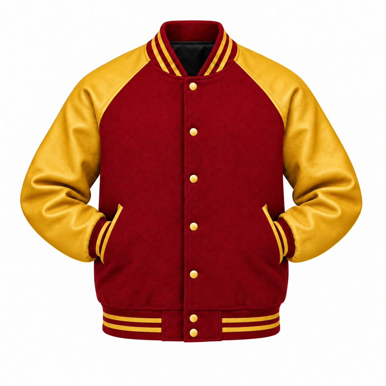 Men's red wool and gold leather retro varsity jacket, sleeves tucked into front pockets