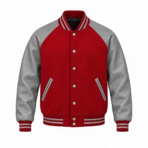 Men's red wool and grey leather retro varsity jacket, front view