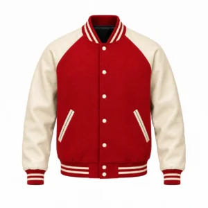 Men's red wool and natural cream leather retro varsity jacket, front view