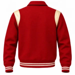 Men's Red Wool Retro Varsity Jacket – Natural Cream Leather Accents - back view