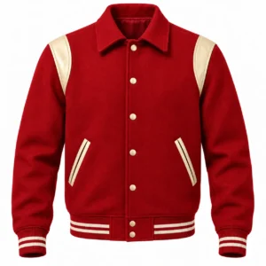 Men's Red Wool Retro Varsity Jacket – Natural Cream Leather Accents - front view