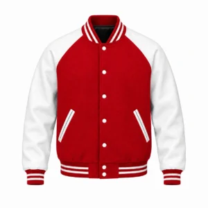 Men's red wool and white leather retro varsity jacket, front view