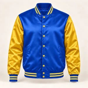 Men’s Royal Blue & Gold Satin Varsity Jacket — front view