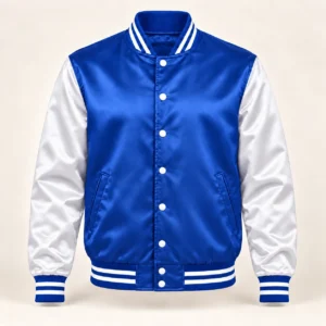 Men’s Royal Blue & White Satin Varsity Jacket — front view