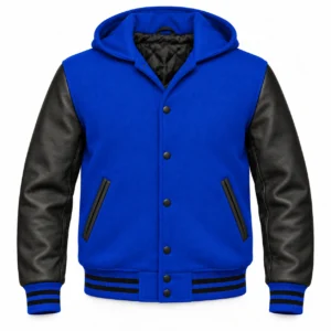 Men's Royal Blue Wool / Black Leather Hooded Varsity Jacket — front view