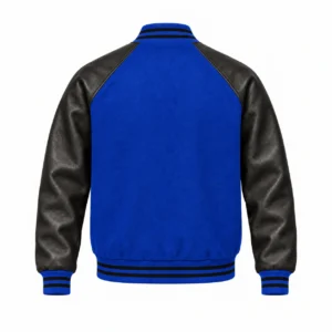 Men's royal blue wool and black leather retro varsity jacket, back view
