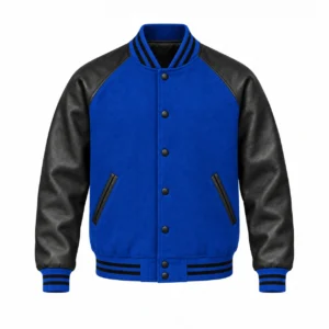 Men's royal blue wool and black leather retro varsity jacket, front view