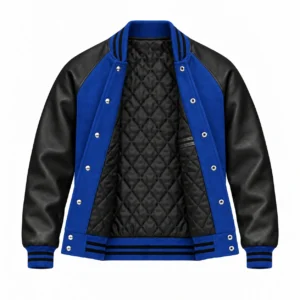 Men's royal blue wool and black leather retro varsity jacket, open view showing black quilted lining and left interior pocket