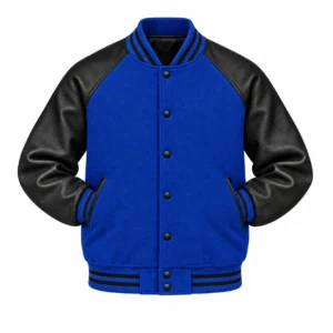 Men's royal blue wool and black leather retro varsity jacket, sleeves tucked into front pockets