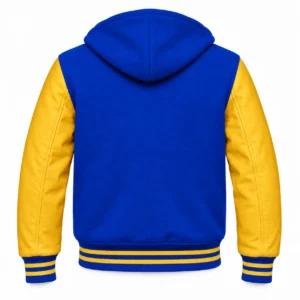 Men's Royal Blue Wool / Gold Leather Hooded Varsity Jacket — back view