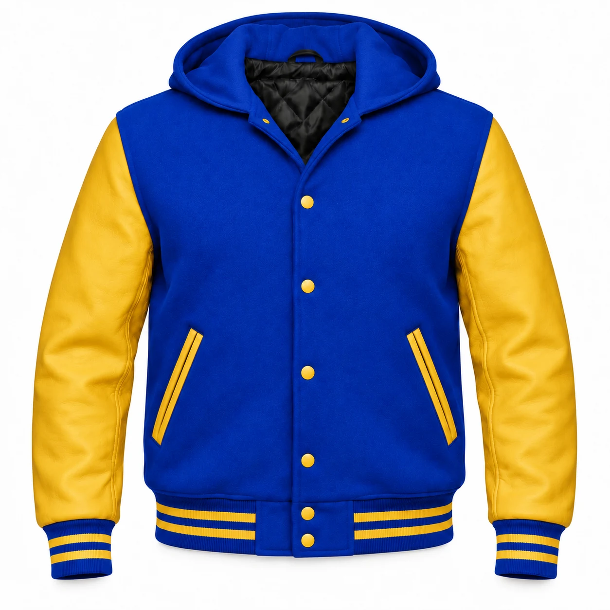 Men's Royal Blue Wool / Gold Leather Hooded Varsity Jacket — front view