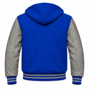 Men's Royal Blue Wool / Grey Leather Hooded Varsity Jacket — back view