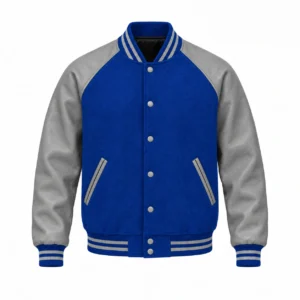 Men's royal blue wool and grey leather retro varsity jacket, front view