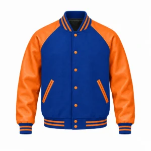 Men's royal blue wool and orange leather retro varsity jacket, front view