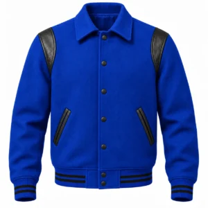 Men's Royal Blue Wool Retro Varsity Jacket – Black Leather Accents - front view