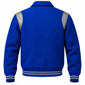 Men's Royal Blue Wool Retro Varsity Jacket – Grey Leather Accents - back view