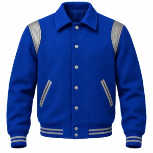 Men's Royal Blue Wool Retro Varsity Jacket – Grey Leather Accents - front view