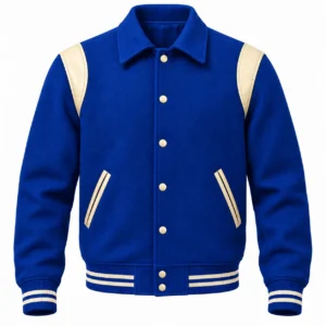 Men's Royal Blue Wool Retro Varsity Jacket – Natural Cream Leather Accents - front view