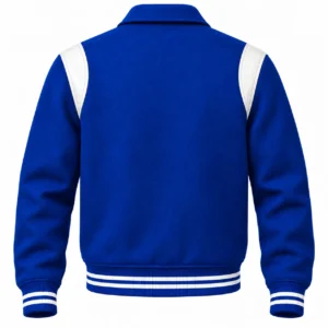 Men's Royal Blue Wool Retro Varsity Jacket – White Leather Accents - back view