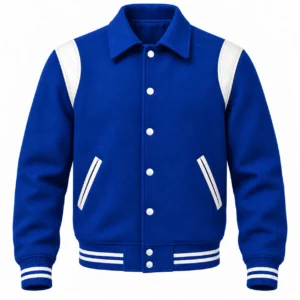 Men's Royal Blue Wool Retro Varsity Jacket – White Leather Accents - front view