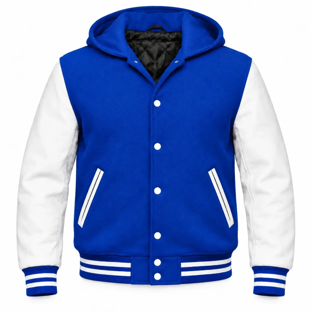 Royal blue wool and white leather hooded varsity jacket, front view