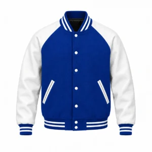 Men's royal blue wool and white leather retro varsity jacket, front view