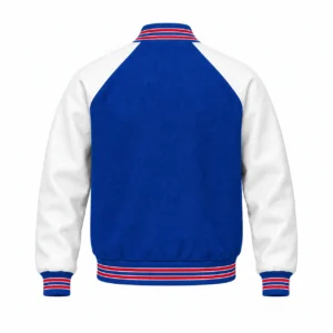 Men's royal blue wool and white leather retro varsity jacket, back view, red & white knit trim