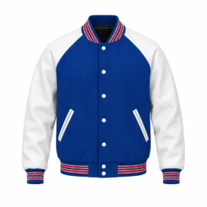 Men's royal blue wool and white leather retro varsity jacket, front view, red & white knit trim