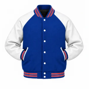 Men's royal blue wool and white leather retro varsity jacket, sleeves tucked into front pockets, red & white knit trim